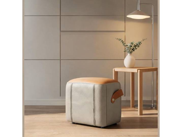 Petit pouf classique avec poignée design contemporain deux tons gris et orange revêtement PU