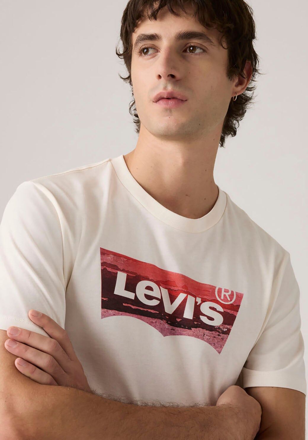 T-Shirt LEVI'S "Batwing Logo Tee", Herren, Gr. XXL, weiss (coastal filled bw egret), Jersey, Obermaterial: 100% Baumwolle, bedruckt, normal normal, Rundhals, Shirts T-Shirt, mit Logo-Front-Print coastal filled bw egret XXL