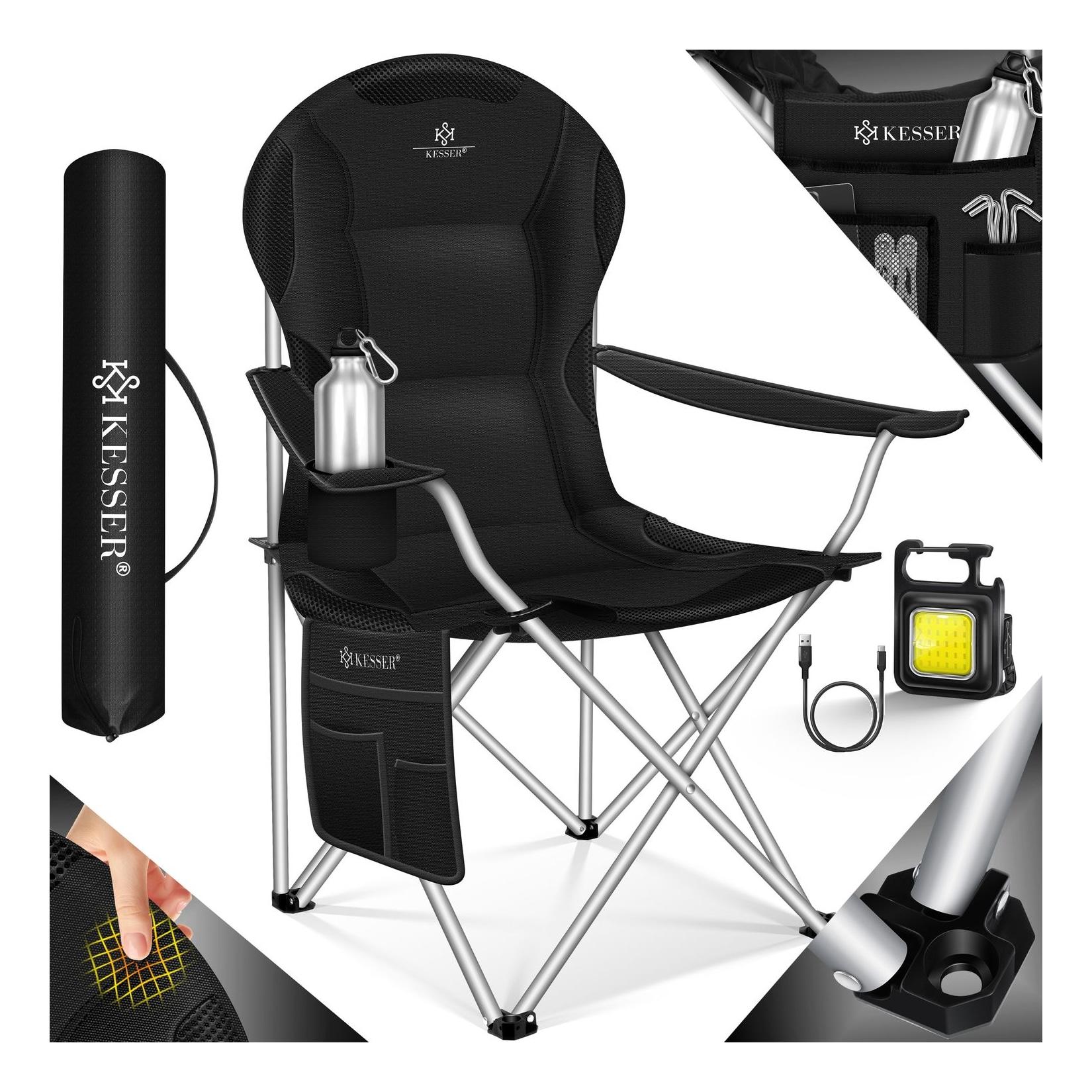 KESSER® Campingstuhl faltbar bis 150 kg Angelstuhl Faltstuhl Klappstuhl Gepolstert mit Armlehnen, Getränkehalter + Tasche mit hoher Rückenlehne, Strandstuhl, Klapphocker