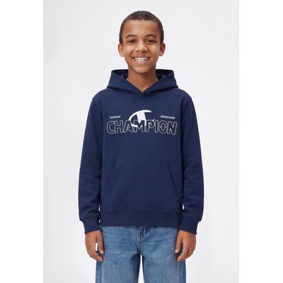 Kapuzensweatshirt CHAMPION "Graphic Terry Hoodie", Jungen, Gr. XL (164/170), blau (nava), Obermaterial: 54% Baumwolle, 46% Polyester, Sweatshirts, mit Kapuze, Langarm, gerader Abschluss, aus Baumwolle und Polyester