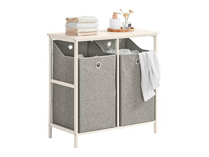 SoBuy Badezimmerschrank mit 2 Falt-Wäschekörben, Schmaler Badschrank aus MDF mit Kohlenstoff-Bambusregalen – Kompakte Größe 77x38x80 cm Modernes Design für Kleine Badezimmer BZR57-W