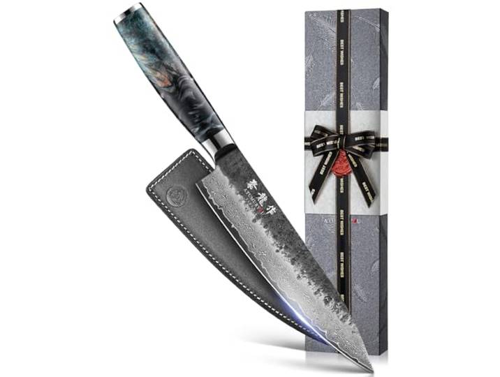 Atumuryou Japanisches Kochmesser 20cm, Handgeschmiedetes VG10 Damastmesser Kurouchi Schmiede-Finish, 67 Lagen Damaszenerstahl, Ultrascharf, für Profi- & Hobbyköche, Lederscheide, Premium Geschenkbox