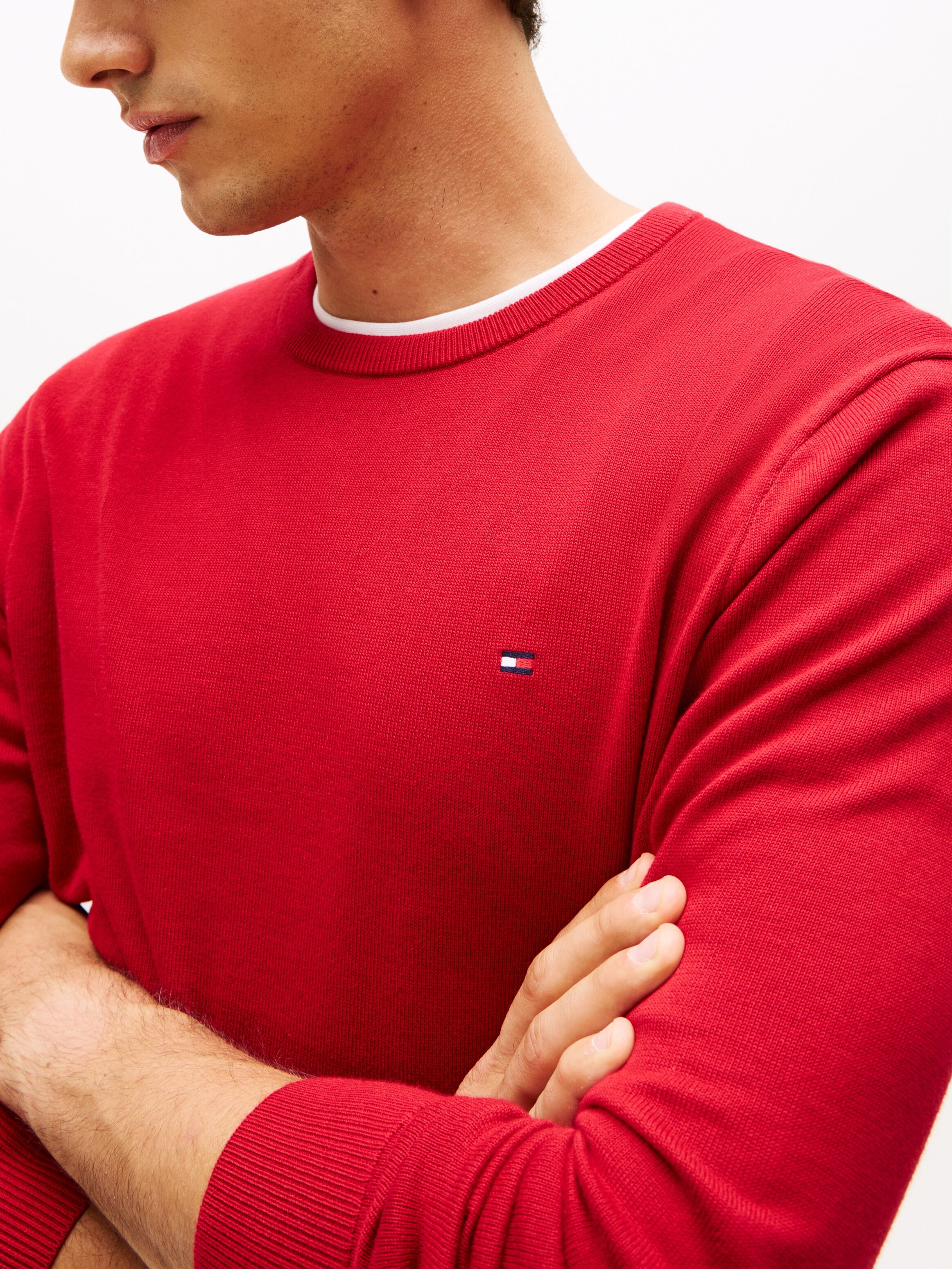 Rundhalspullover TOMMY HILFIGER "ESSENTIAL COTTON", Herren, Gr. L, rot (medium rot), Strick, Obermaterial: 100% Baumwolle, regular fit, Rundhals, Rippbündchen, Pullover Rundhalspullover, Crewneck Regular Fit Premium Mode medium rot L