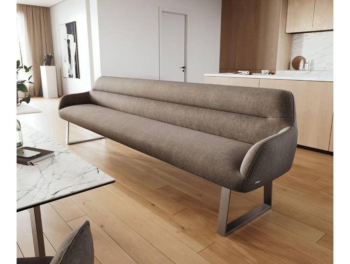 Esszimmerbank Taya-Flex 300 cm Strukturstoff Soft Taupe Kufengestell kantig Edelstahl Taschenfederkern, Bänke