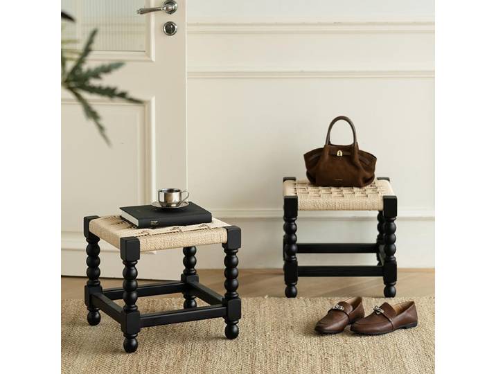 Tabourets modernes en corde tressée, tabourets bas en bois massif pour la maison, le salon