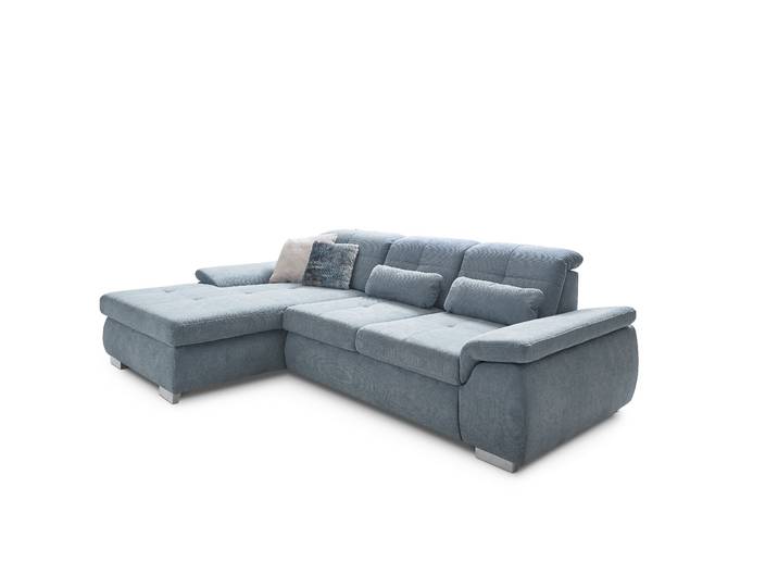 Ecksofa, Kaltschaum, Blau (Ice) 289×195 cm, Sitztiefenverstellung & Zierkissen, Modern