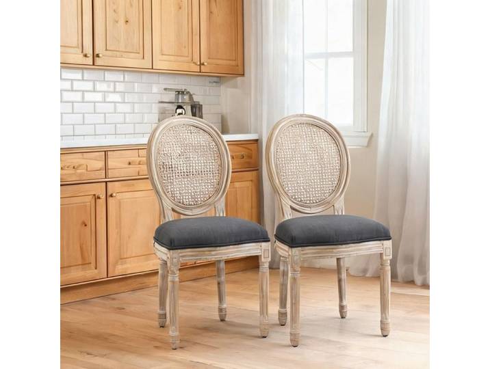 Chaise médaillon style Louis XVI lot de 2 - Bois massif sculpté patiné gris - Tissu polyester effet lin
