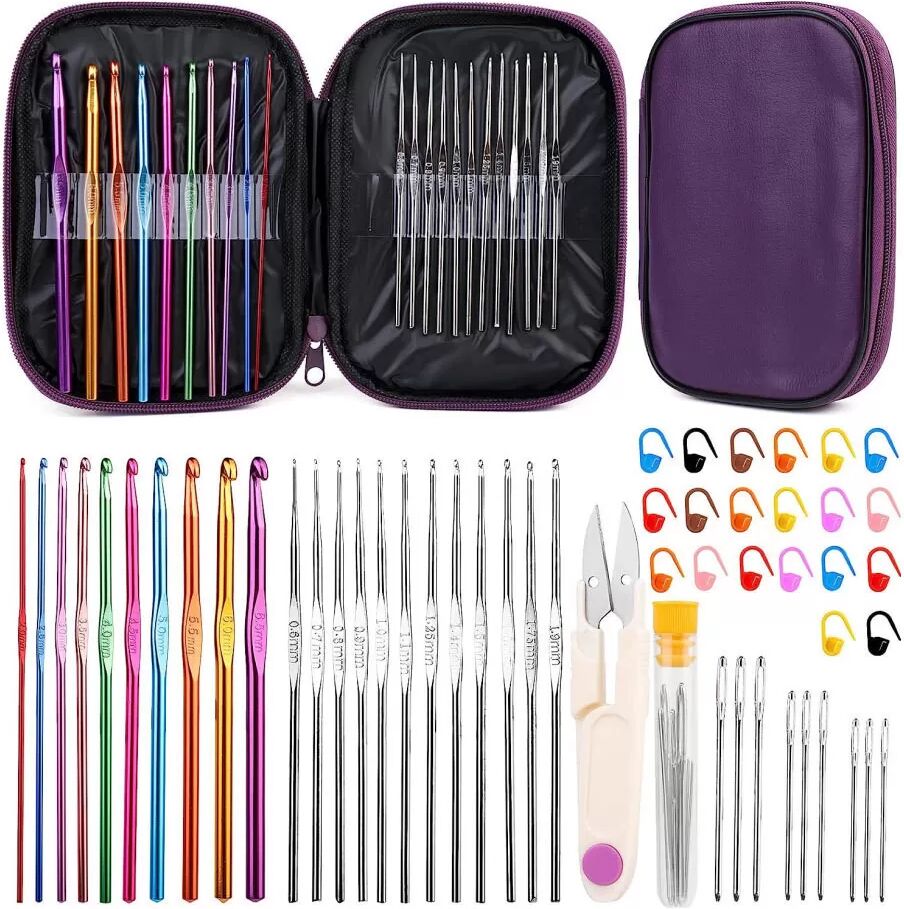 INF Buntes Häkelnadel-Set kompatibel mit ABS, Edelstahl und Aluminium – 9 Nadeln, 22 Häkelnadeln, 20 Maschenmarkierer, Schere
