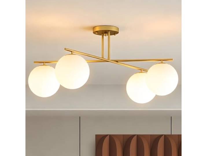 HOMCOM Plafonnier LED 40W 4 Lumières E14 Semi-Affleurant Doré et Crème Luminaire Plafonnier\, Lampe de Plafond Moderne\, pour Salon\, Couloir\, Salle à Manger\, Cuisine