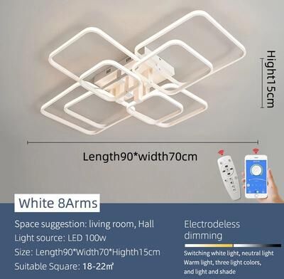 Inspire Select Modern Dimmable LED Chandelier Ceiling Light With Remote & App Control Black & White Acrylic Aluminum Fixture 8 Arms White Square dimmable Rc With App