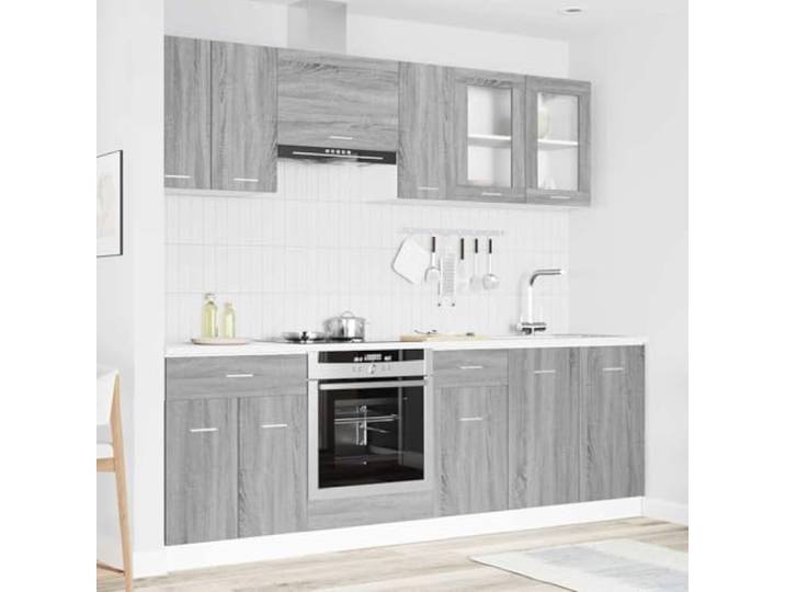 Lyon Kücheneinheit 8 Stück Grau Sonoma Holz Engineered Rechteckiges Design, Scharniertüren, 2 Schubladen, Einlegeböden, Wandmontage, Stangengriffe