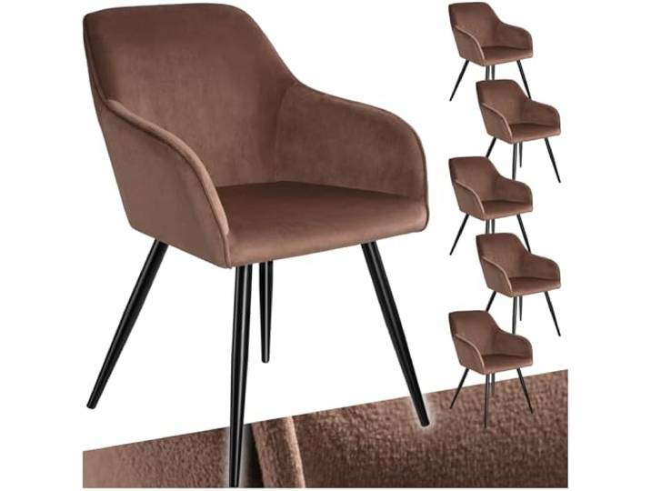 tectake 6er Set moderner Esszimmer Stuhl, Sitzfläche aus Samt, Armlehnstuhl, Sessel Wohnzimmer, gepolsterter Bürostuhl mit schwarzen Metallbeinen, Schminktisch Stuhl - braun/schwarz