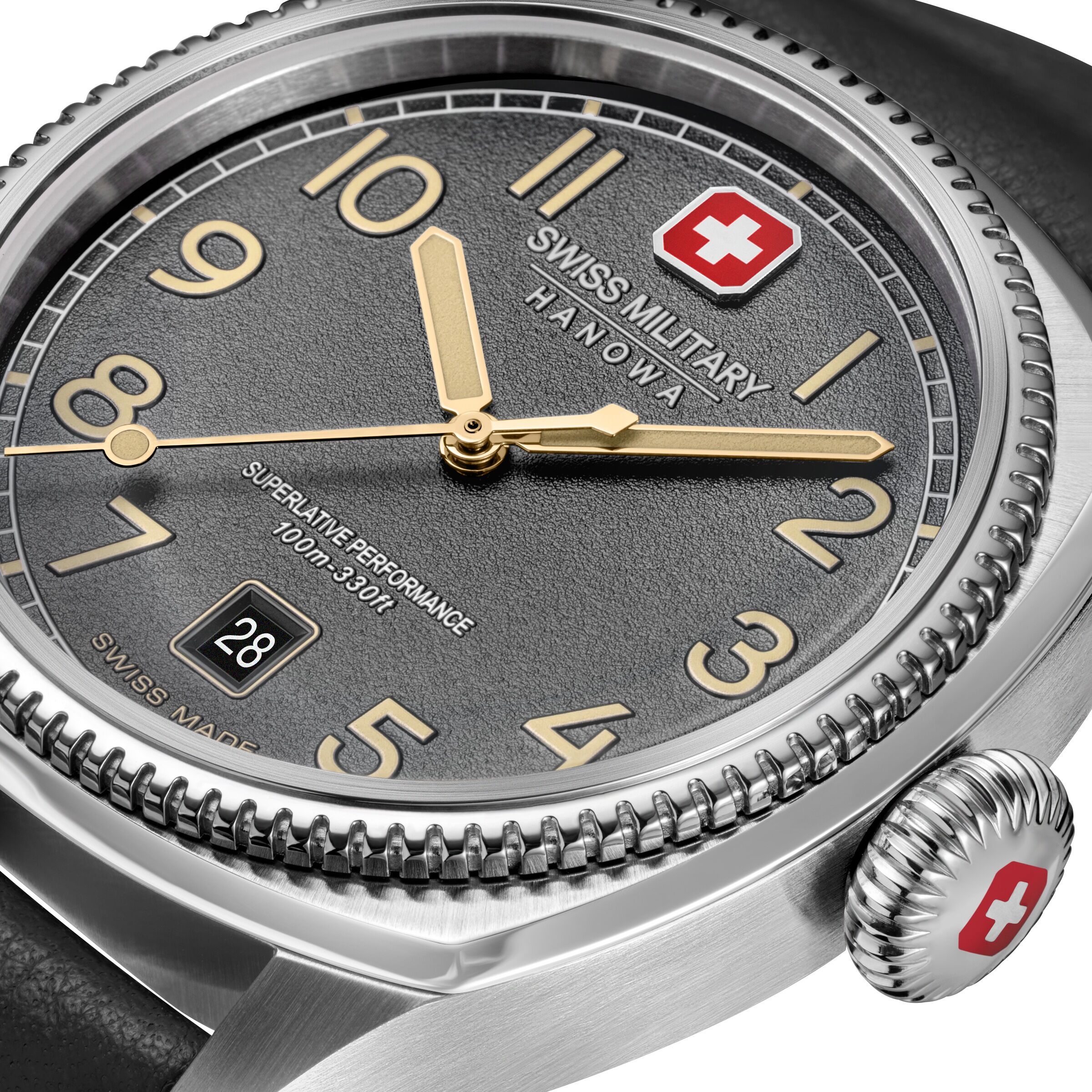 Quarzuhr "Condor", schwarz (schwarz, grau), SWISS MILITARY HANOWA, Armbanduhren, Herren, silberfarben, Quarzuhr, Armbanduhr, Herrenuhr, Swiss Made, Lederarmband, analog, Tag