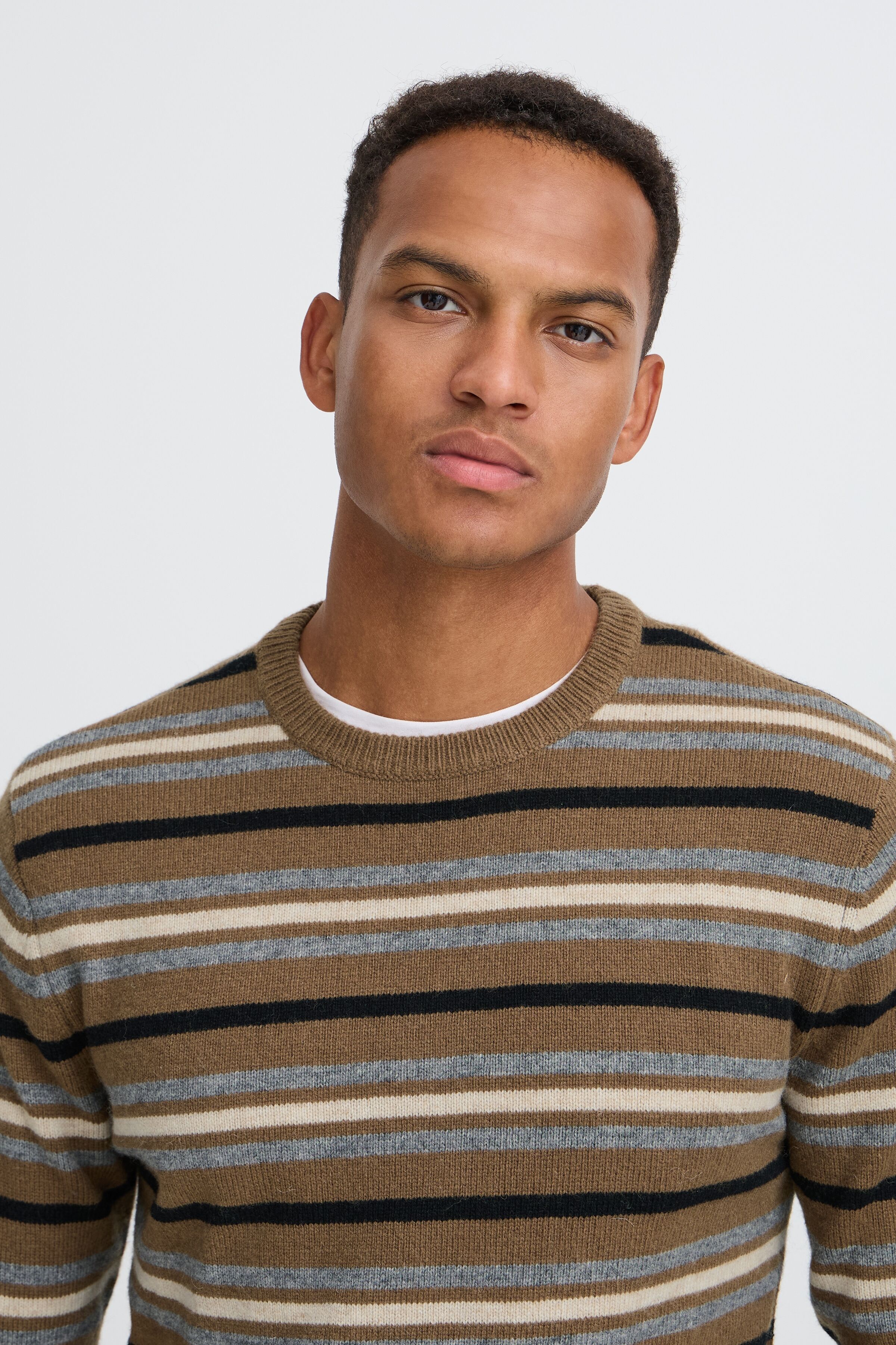 Rundhalspullover BLEND "BHBRANKO CREW KNIT STRIPE", Herren, Gr. XL, braun (kangaroo), Strick, Obermaterial: 60% Wolle, 40% Nylon, gestreift, regular fit normal, Rundhals, Bündchen, Pullover Rundhalspullover, Wollmischung, regular fit kangaroo XL