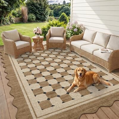 Garvee Scalloped Easy Jute Indoor Outdoor Geometric Checkered Area Rug