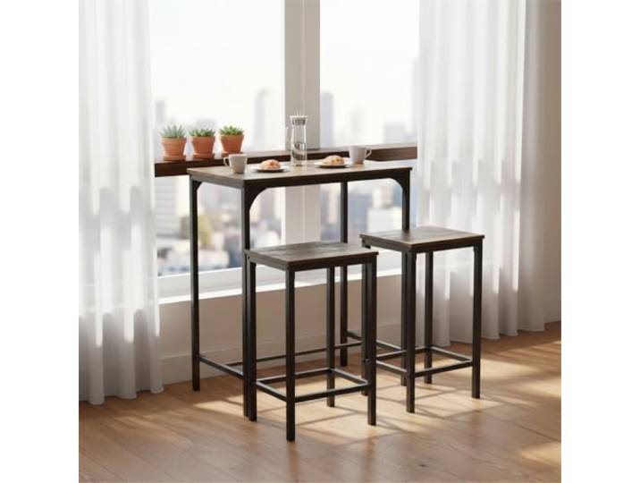 FurnitureR 3 Barsets, Bistro Bar Tisch Set + Stöcke, Breakfast Tisch mit 2 hohen Stöols, Stahlrahmen, Industriestil, rustikaler Stil, rustikales Braun, für Küche, Dining Room, Wohnzimmer, 80 x 50 x 90