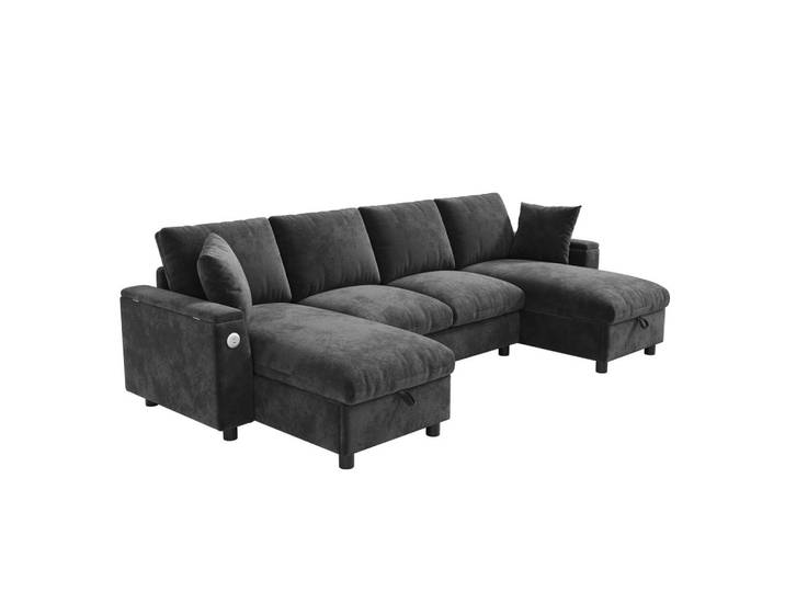 ComfortXL Wohnlandschaft De-33417 U-Form mit 2 Chaiselongues und USB Grau, Metall, 284x84x135 cm, Wohnzimmer, Sofas & Couches, Wohnlandschaften, Wohnlandschaften in U-Form