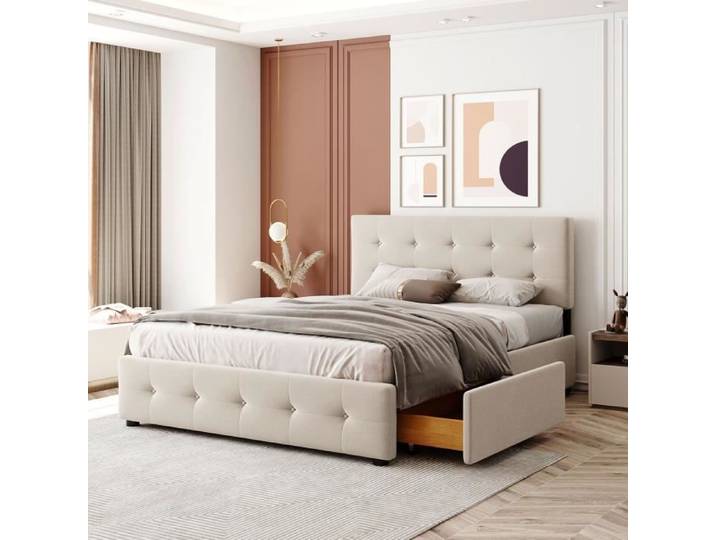 Lit rembourré avec tiroirs 140x200 cm lit double beige