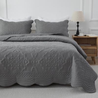 Wholinens Scalloped Edge Washed Microfiber Embroidered Damask Quilt Set 3 Pieces