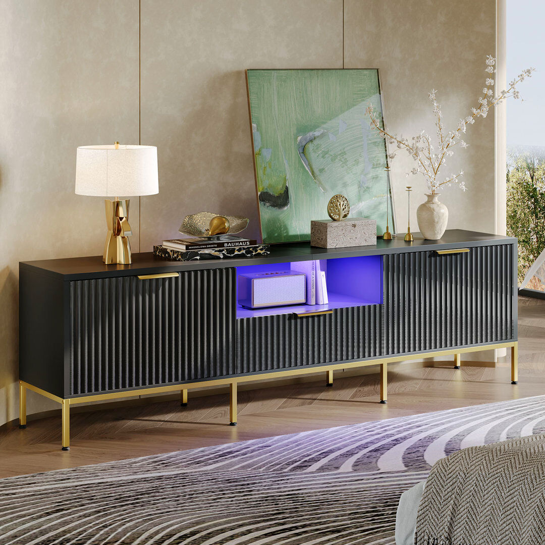 Fairmont Park Fluted TV Stand, Glossy Media Console with Wave Pattern Buffet Cabinet Black 54cm H x 178cm W x 35cm D