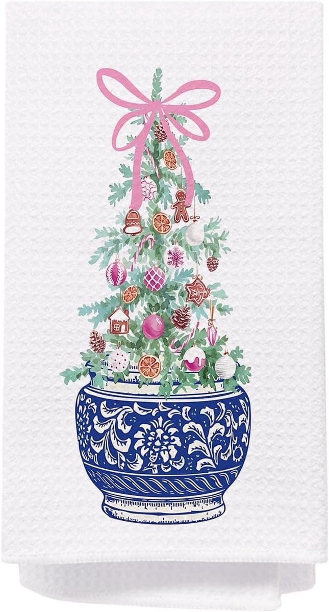 Chinoiserie Kerst Handdoeken Set - Blauw Wit Porselein en Roze Strik Decoratie voor Keuken en Badkamer
