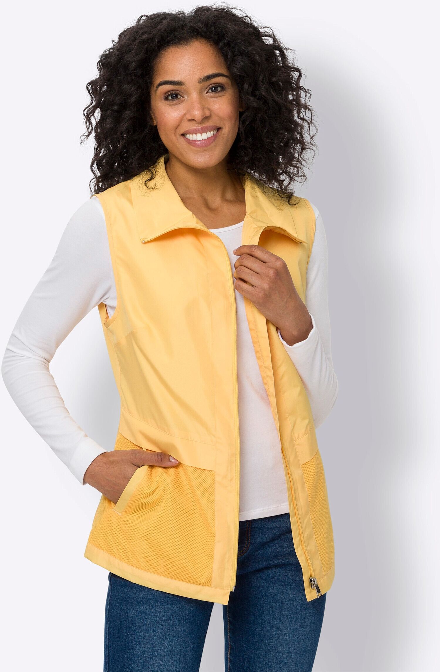 Sieh An! Jerseyweste SIEH AN "Weste Weste mit Umlegekragen", Damen, Gr. 44, gelb, Sportlich, Westen Jerseyweste
