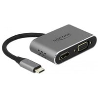 USB 3.2 Gen 1 Adapter, USB-C Stecker > USB-A + USB-C + HDMI + VGA Buchse grau, 12cm, PD, Laden mit bis zu 87 Watt
