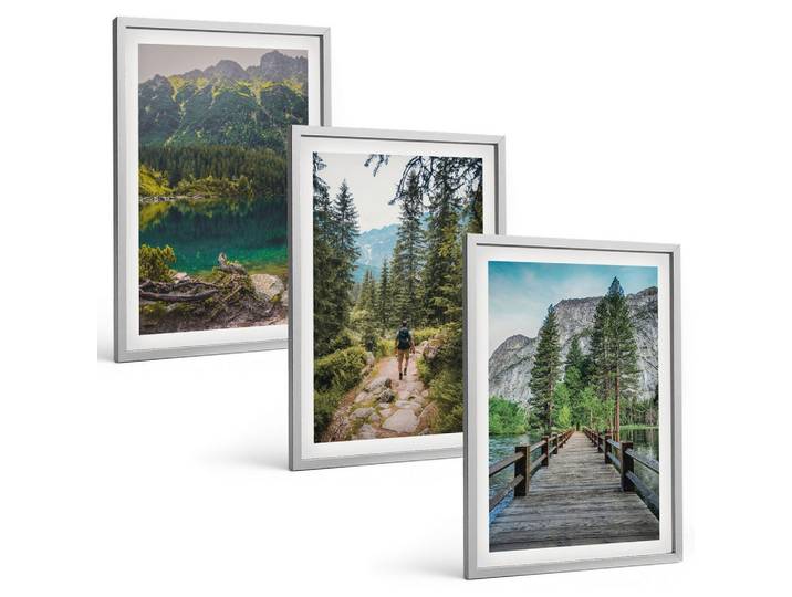 BILDER SET 3er Set - 40x60 cm Silberner Rahmen - Berge, Seen, Wälder, Wege
