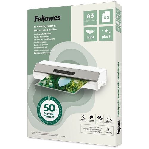 Fellowes Laminierfolien mit 50% recyceltem Anteil glänzend für A3 75-80 micron, 100 St.