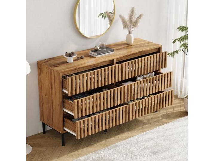 Commode 6 Tiroirs - 120x40x81cm - Buffet Bas de Rangement en Bois Effet Lattes Ajourées Pieds Métal - Chêne Naturel