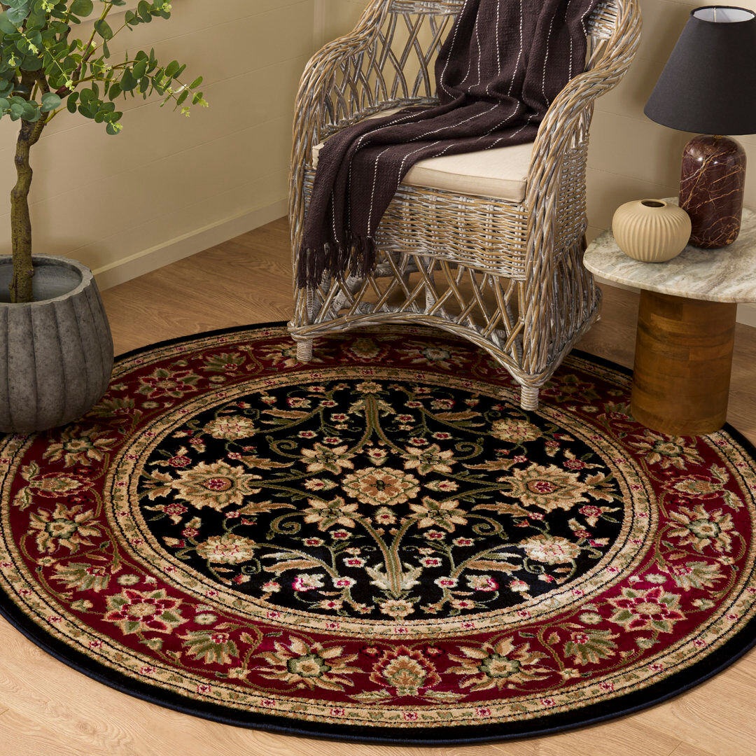 Marlow Home Co. Lyndhurst Oriental Area Rug Black/Red Round 122 cm