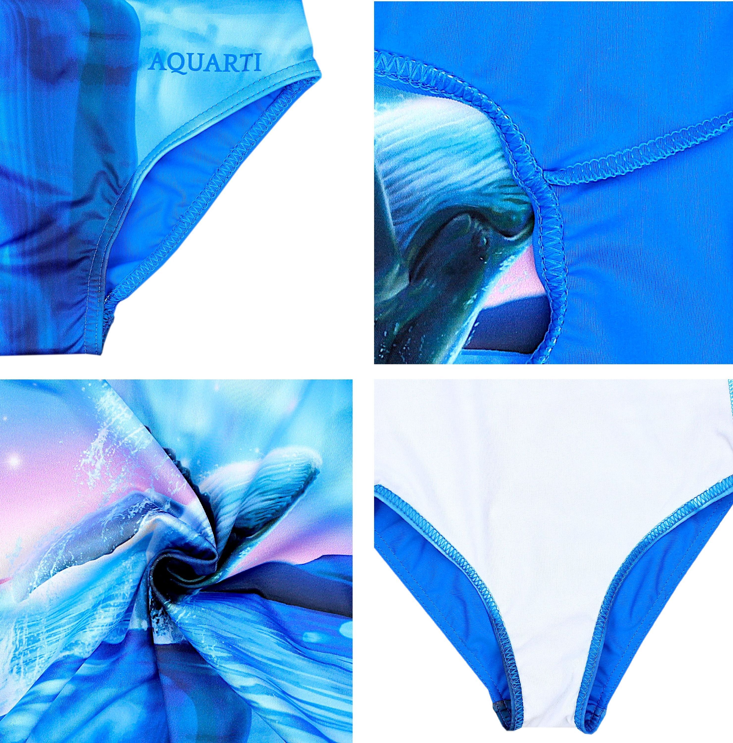 Badeanzug AQUARTI "Badeanzug Mädchen Badeanzug mit Ringerrücken Print", Kinder, Gr. 152, N-Gr, blau (wal, polarnacht, blau, rosa), Obermaterial: 80% Polyamid PA. 20% Elasthan EL., Badeanzüge Badeanzug