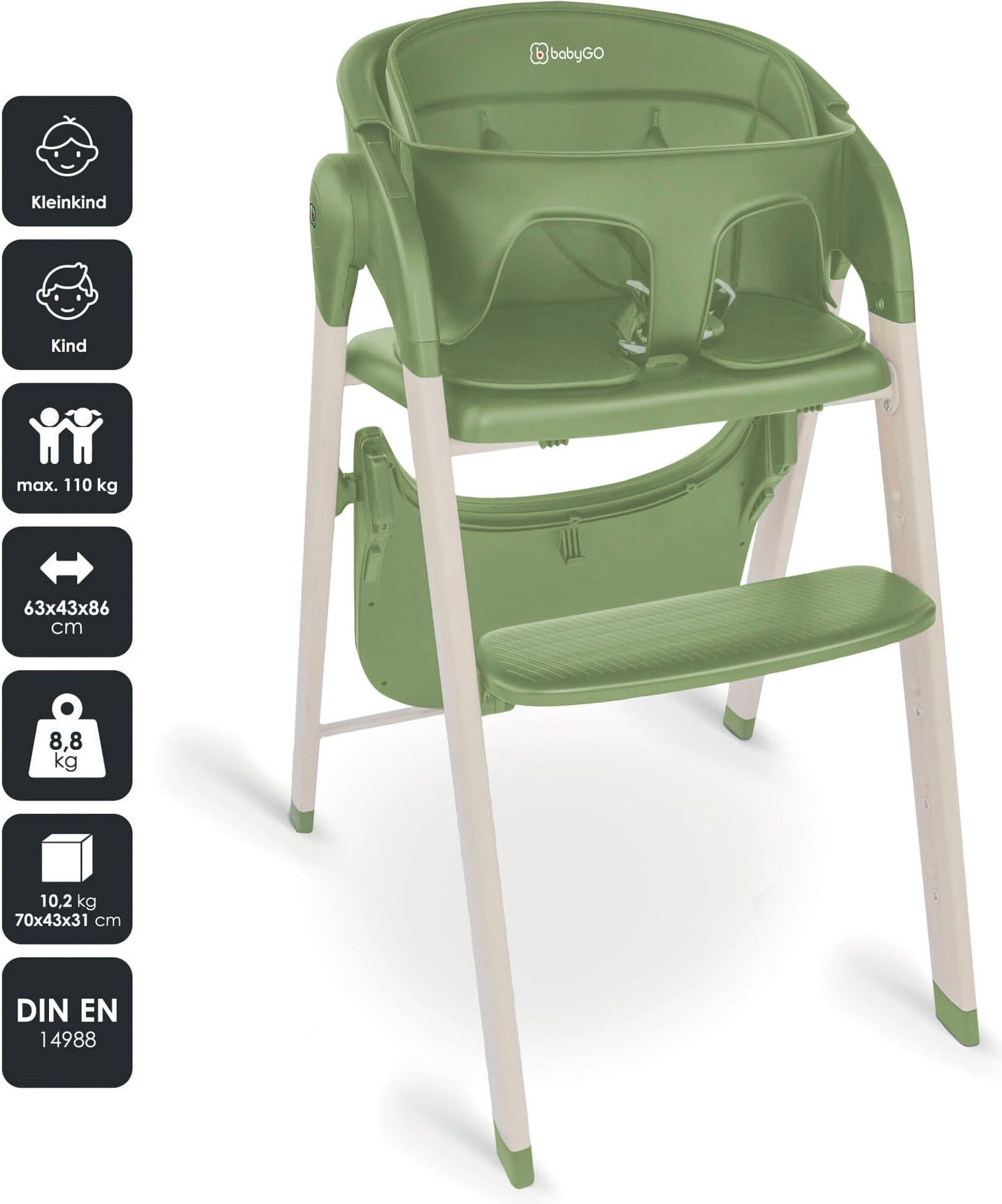 Kombihochstuhl BABYGO "Levels", Baby, Gr. B/H/T: 44cm x 88cm x 63cm, grün (natur, khaki, khaki), Stühle Kombihochstuhl Hochstuhl