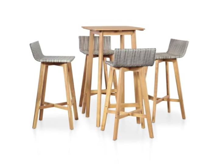 YUTAASU Bar Set Akazienholz mit 4 Barhockern PE Rattan Sitz, Wetterbeständig, Stabil, Rustikaler Stil, Für Innen Und Außen