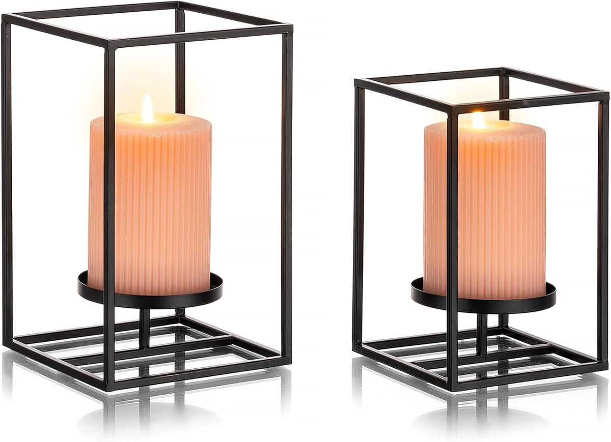 Set van 2 Zwarte Geometrische Kaarsenhouders voor Dikkere Kaarsen - Modern Metaal Draad Design
