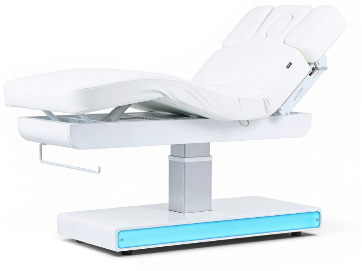 Marquesa elétrica de massagem Nush +: três motores, LED RGB, colchón SuperSoft e estofado PU branco