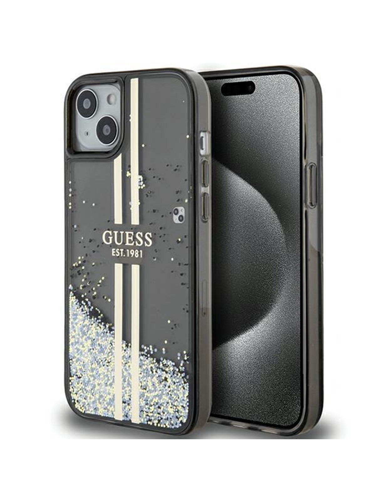 GUESS Liquid Glitter Gold Stripes case for iPhone 15 Plus / 14 Plus - black