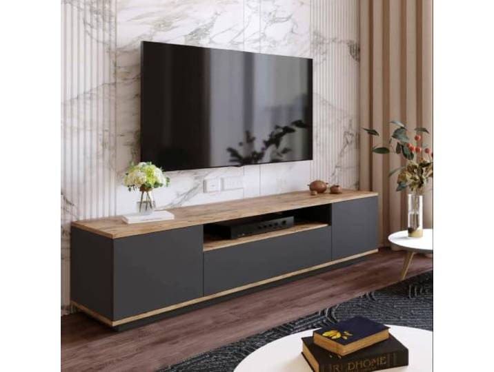 Dmora - Fernsehschrank Sinope, Ständer für Wohnzimmerfernseher, Niedriges Wohnzimmer-Sideboard, TV-Ständerbasis, 180x45h45 cm, Eiche und Anthrazit