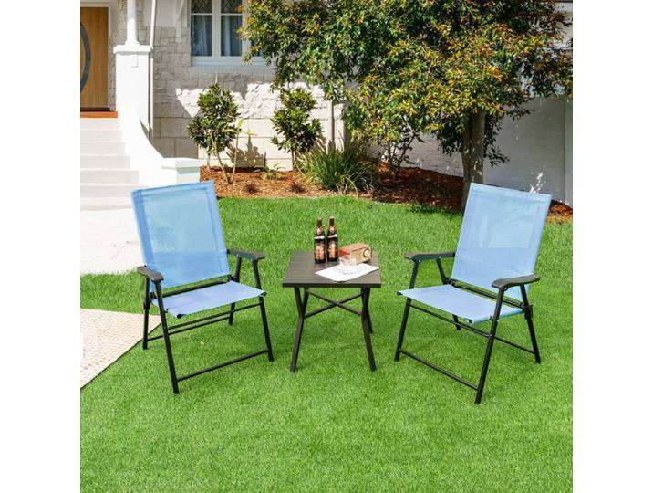 Lot de 2 chaises pliantes bleues accoudoirs cadre acier anti-rouille 150kg dossier incliné tissu respirant terrasse/jardin