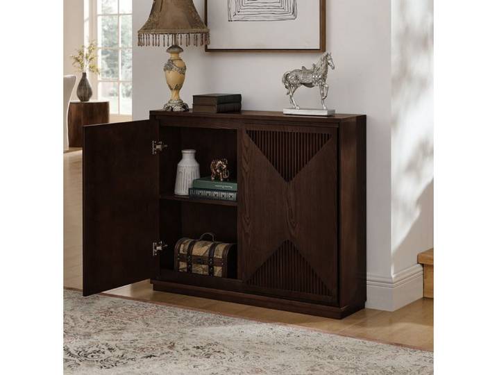 MEUBLIV Buffet bas V design 2 portes aspect bois MDF et bois massif coloris noyer