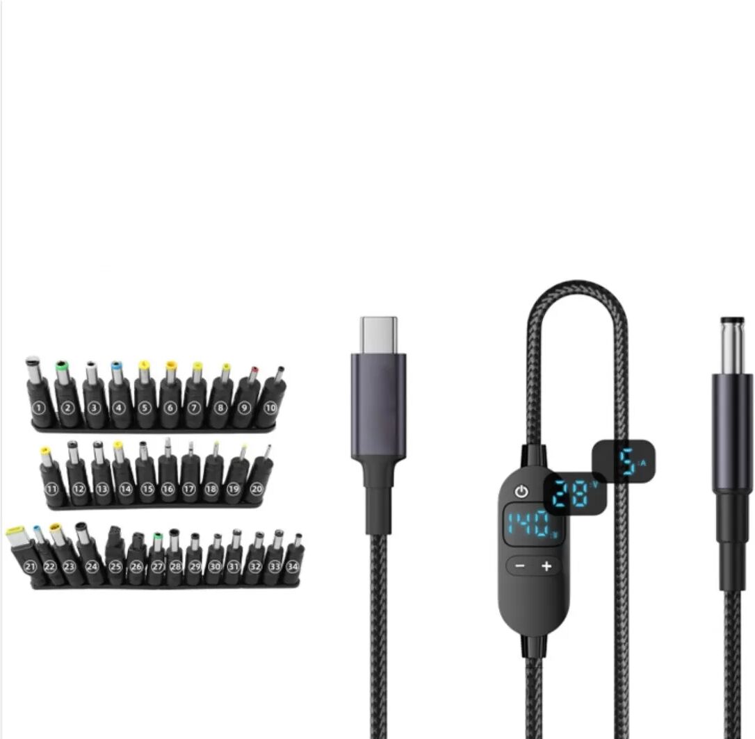 INF Einstellbares Type-C zu DC Stromkabel mit Digitalanzeige – PD3.1 140W, 6‑Stufen Spannung, 34 Adapterspitzen