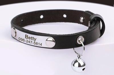 Inspired Finds Custom Engraved Leather Cat Collar With Bell Adjustable Anti Lost ID Collar black