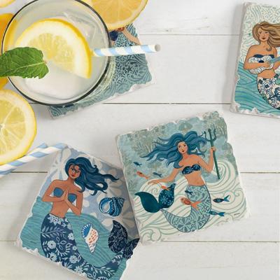 Counterart Absorbent Stone Coaster, Mermaid Island, Set of 4 - 4.01x4.28