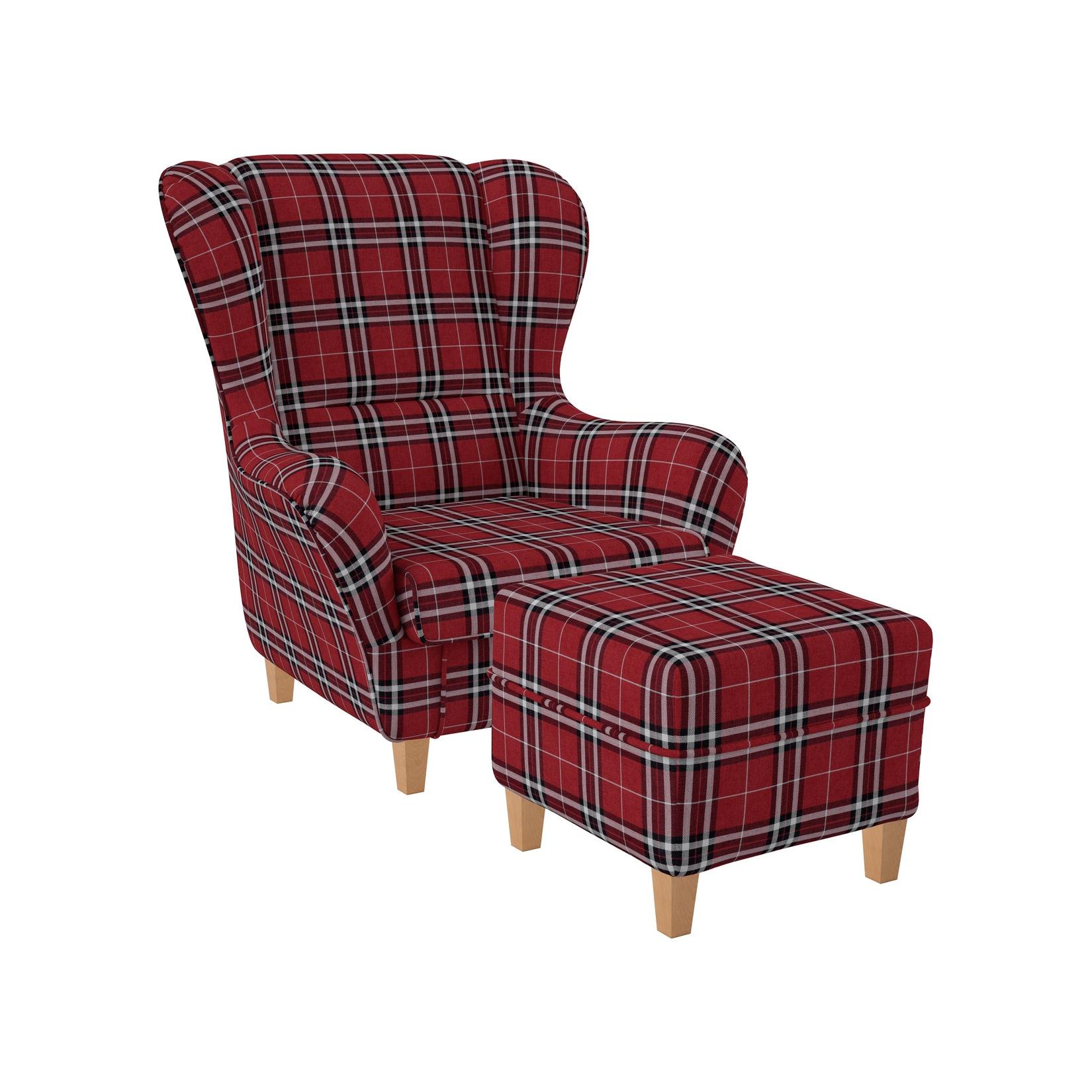 Supellex Sofia Ohrensessel mit Hocker Design Oxford kariert Rot