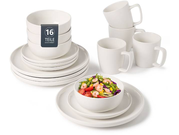 Geschirr-Set GOODPRODUCT TOMMIK, aussen matt, innen glänzend, Steinzeug, 16 Teile für 4 Personen , weiss (weiß), 16 Stk., Steinzeug, Geschirr-Sets, Geschirr-Set, spülmaschinenfest und mikrowellengeeignet