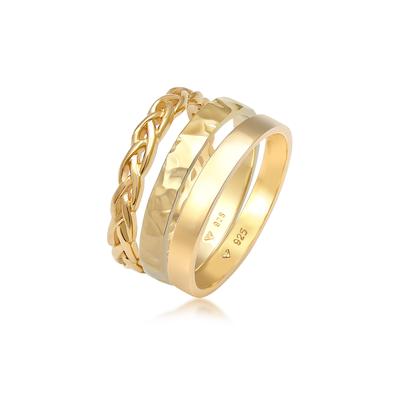 Ring-Set ELLI "Ring Bandring Zopfmuster Hammerschlag 3er Set 925 Silber" Gr. 56, gold, Fingerringe, Damen, 56, ohne Stein, Silber 925 (Sterlingsilber), 3mm