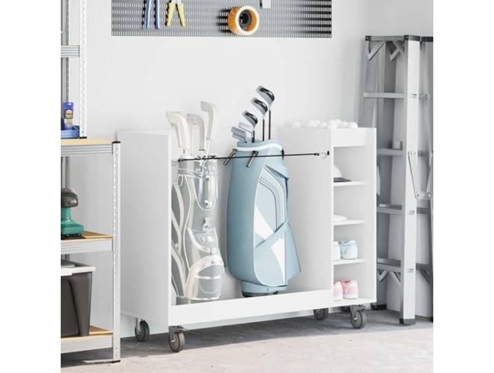 LPERTGFHU Golfschrank aus Holz & Metall, Rollschrank, Weiß, 120x45x98 cm Stabile Konstruktion, Viel Stauraum, Mobil durch 4 Räder, Modernes Design