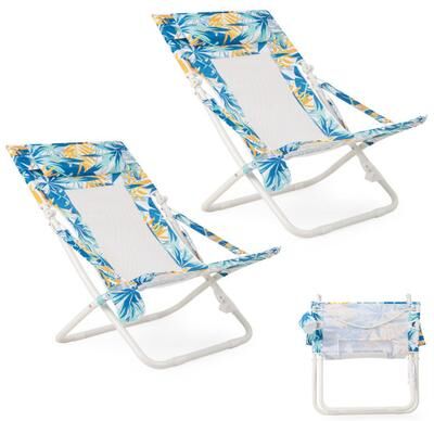 Costway Folding Low Beach Chair Set of 2 Patio Sling Chairs with Padded Head Pillow-Blue