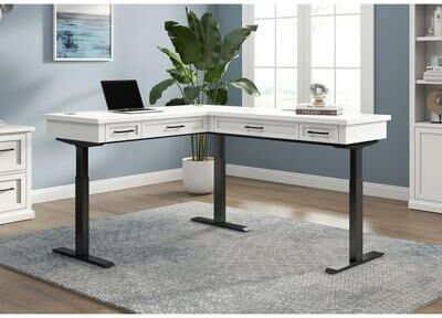 Martin Furniture Modern Electric Sit/Stand L-Desk and Return, Height Adjustable Table, Wood Adjustable Office Corner Desk and Return, White
