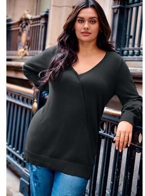 Plus Size Women's Faux Wrap Pull Over Sweater by Avenue in Black (Size 14)